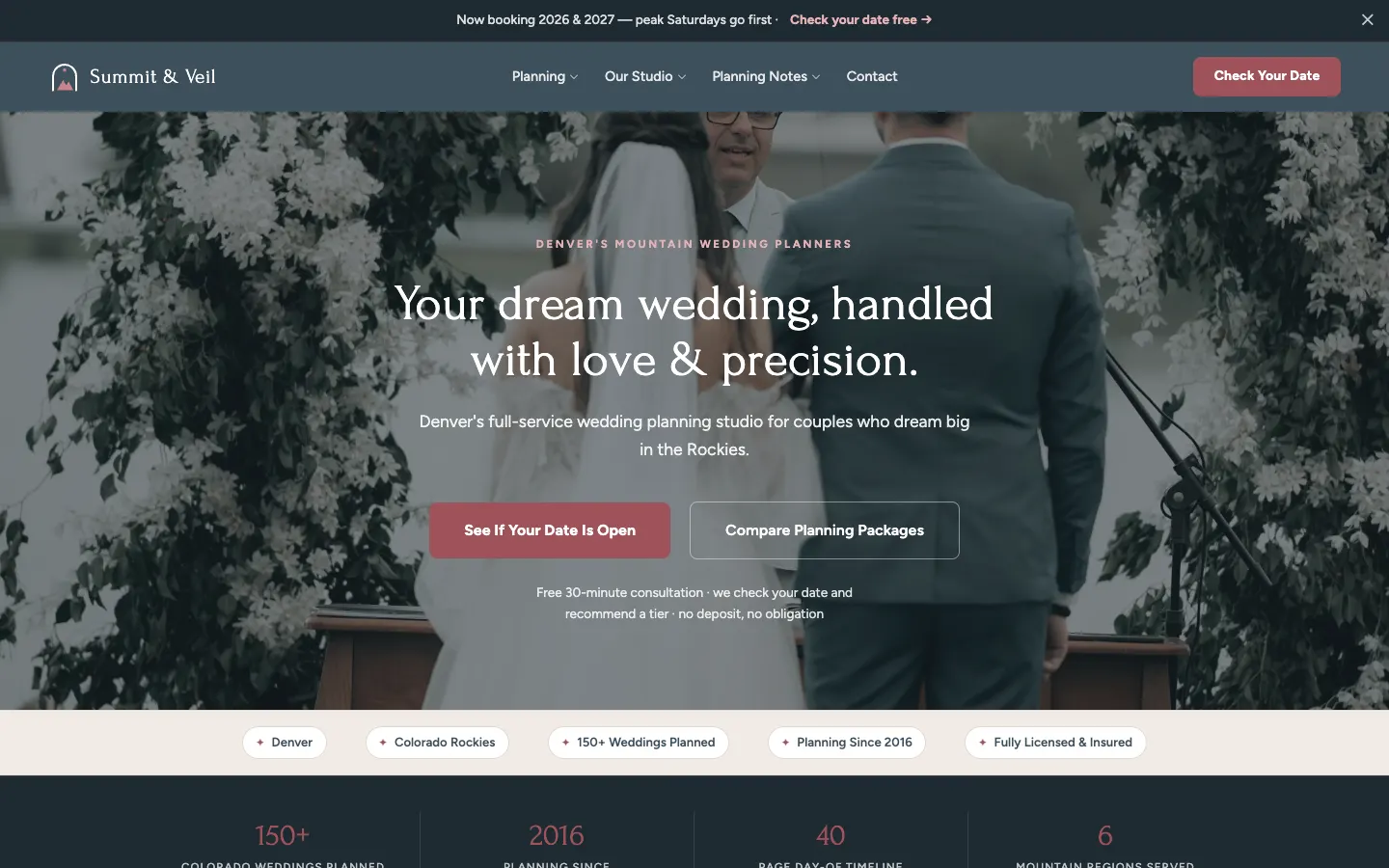Screenshot of Summit & Veil Weddings, a Wedding Planning website built on WorkspaceCMS — Colorado Mountain Wedding Planner.