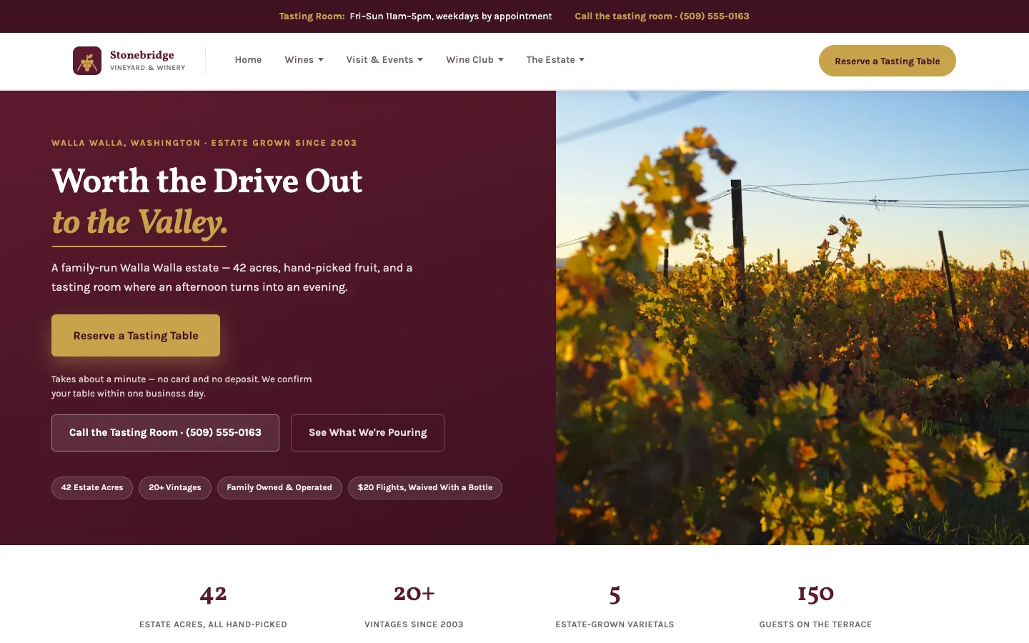 Screenshot of Stonebridge Vineyard & Winery, a Winery & Vineyard website built on WorkspaceCMS — Tasting Reservations + Wine Club & Private Event Inquiry.