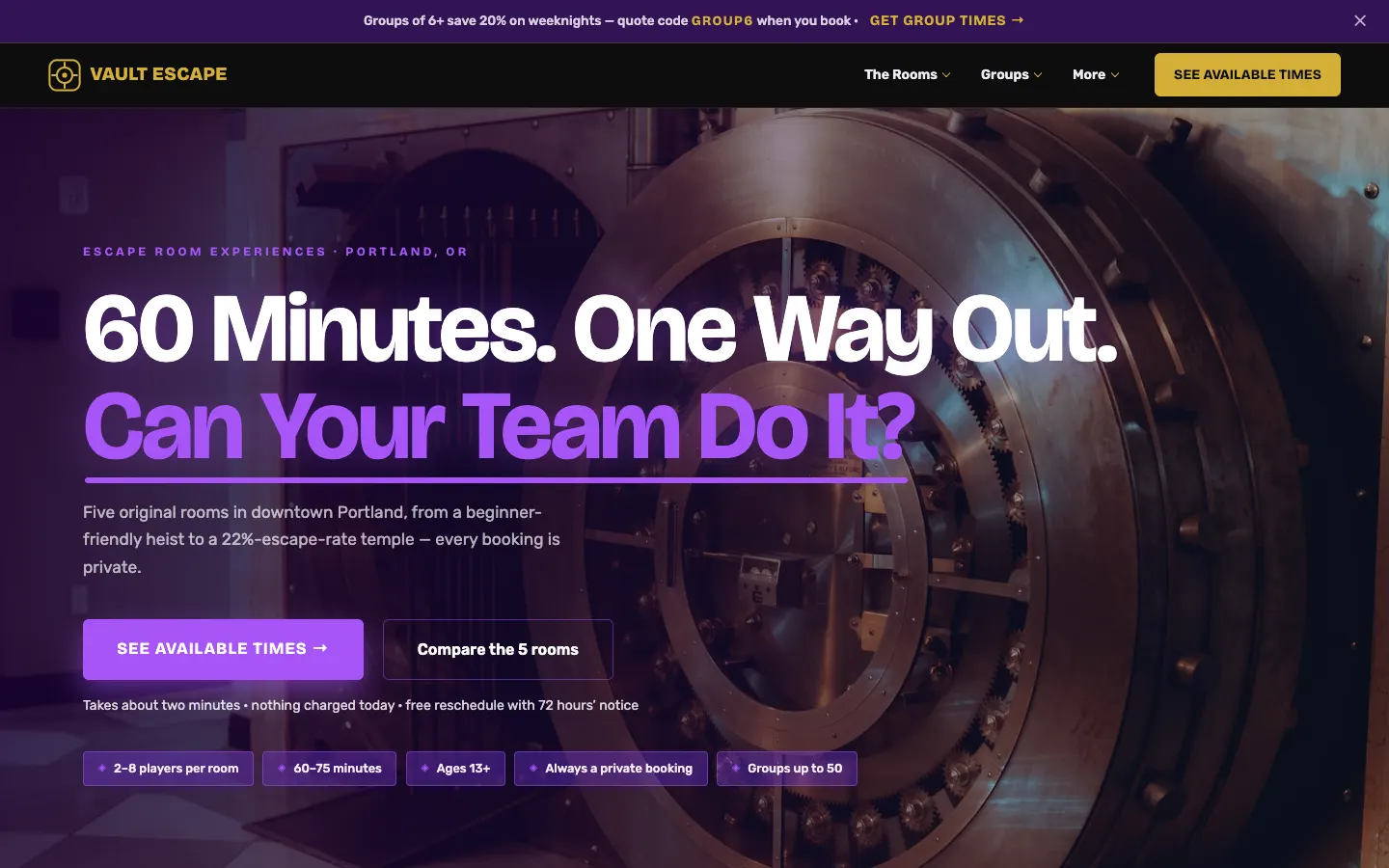 Screenshot of Vault Escape Experiences, a Escape Rooms website built on WorkspaceCMS — Themed Room Roster + Group Booking Flow.